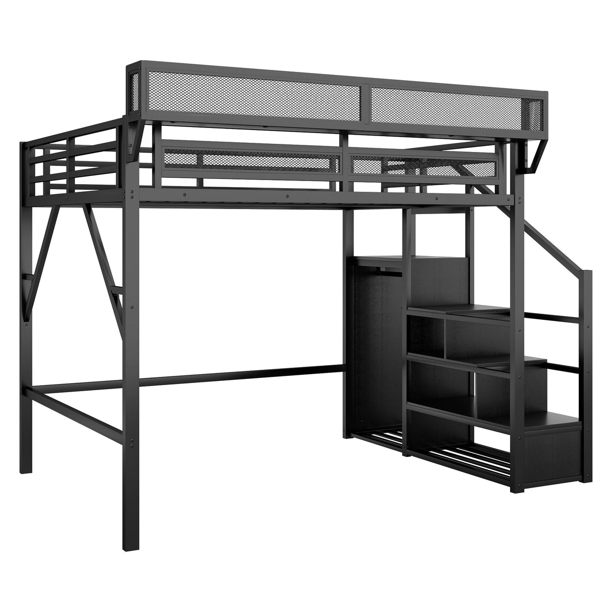 Cama alta tamaño queen con escaleras, estantes de almacenamiento, armario - Negro