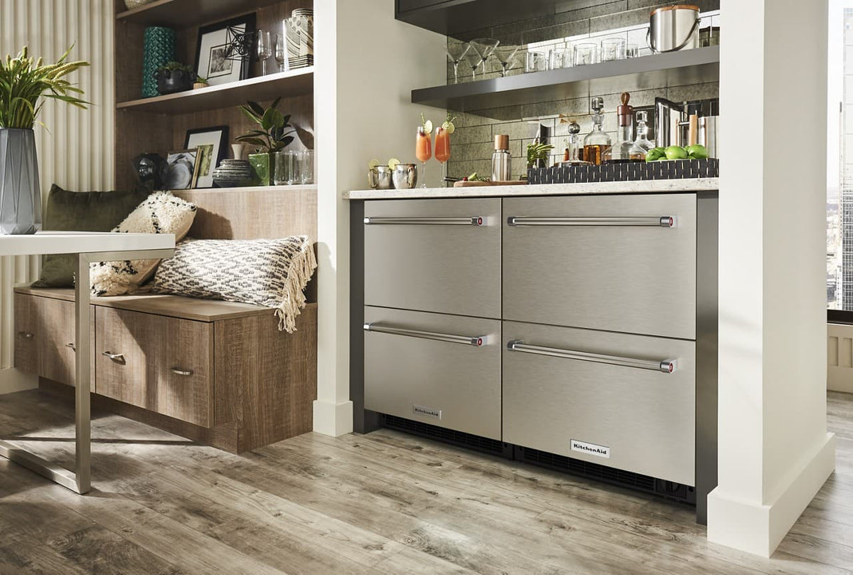 KitchenAid - 4.29 Cu. Ft. Built-In Mini Fridge with Double-Drawer Refrigerator/Freezer - Stainless Steel