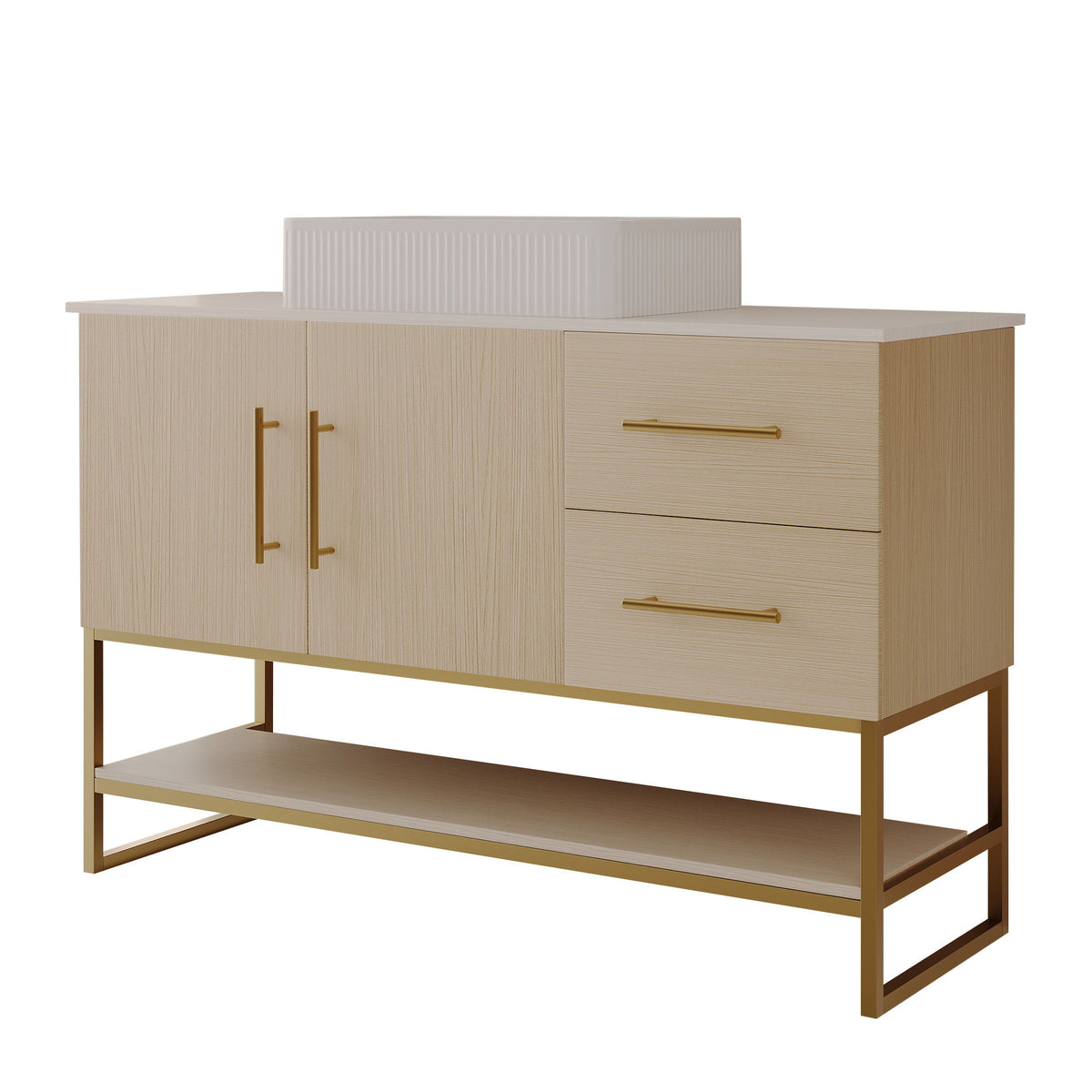 Tocador de baño con lavabo de sobreponer y gabinete independiente - Roble blanco americano / Oro / Blanco