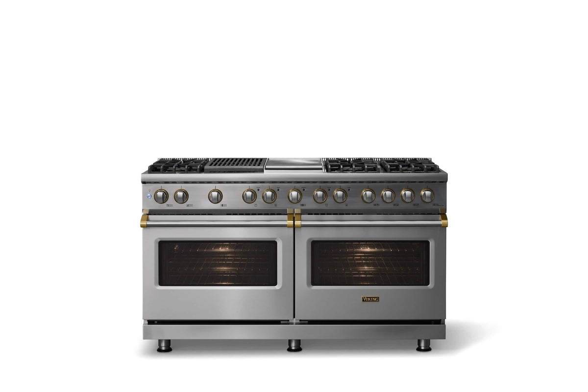 Viking - 60"W. P5S 9.4 Cu.Ft. Freestanding Self-Clean Sealed 8B Dual Fuel Convection Rng/Grdl/Grl-Stainless Steel/Brushed Brass - Stainless Steel