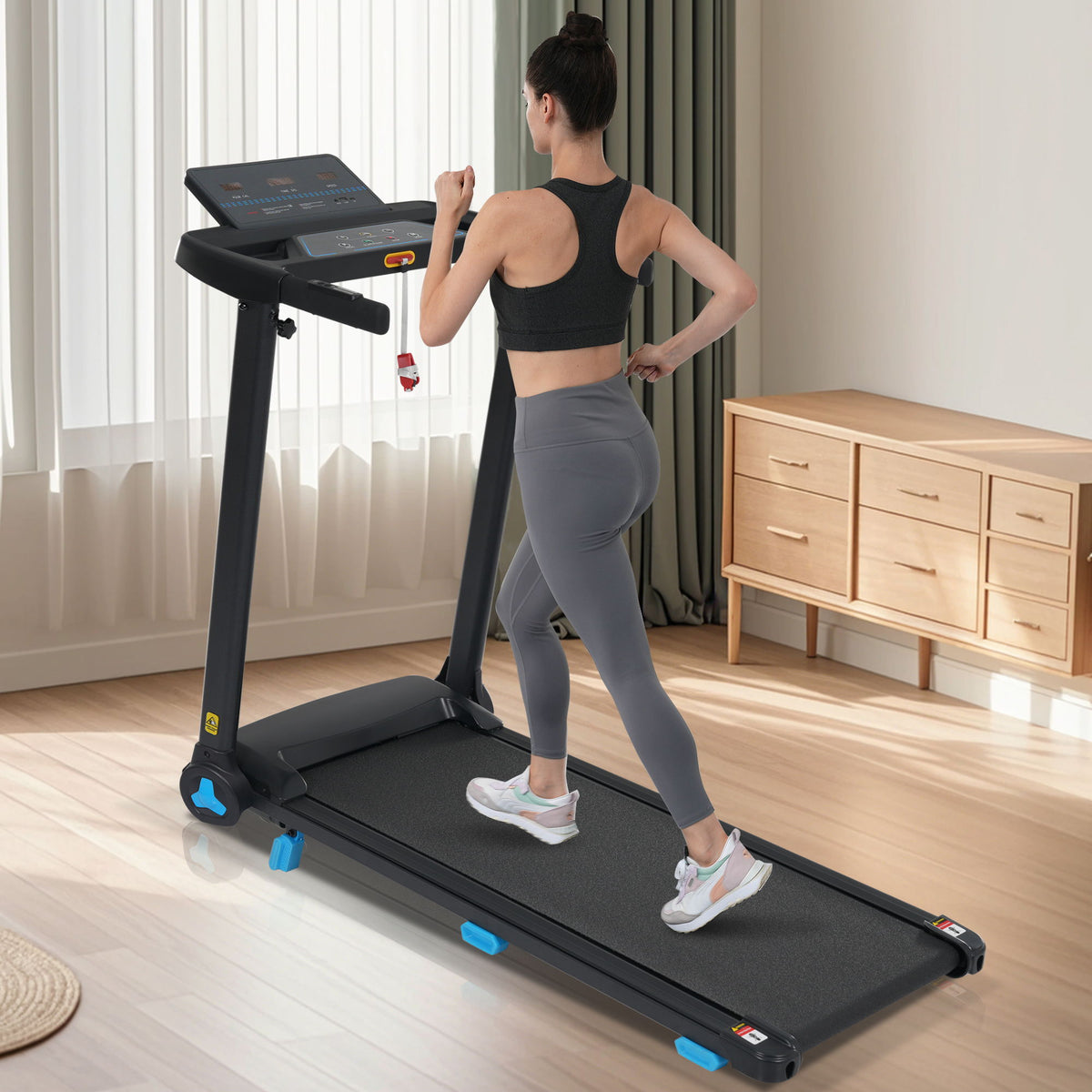 Caminadora plegable para espacios pequeños, 3.0 HP portátil, banda de andar de 10 mph con inclinación, Bluetooth, sensores de frecuencia cardíaca, estación de carga - Negro