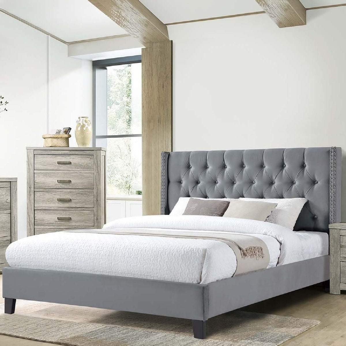 Cama con cabecera capitoné de diamante moderna con ribete de tachuelas
