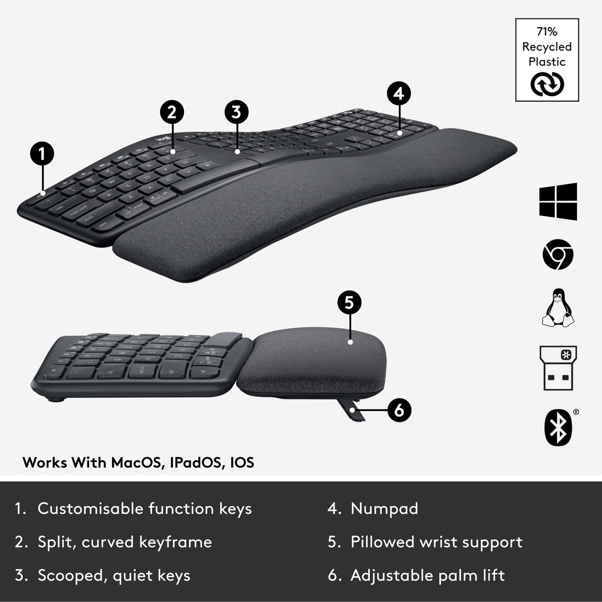Logitech - ERGO K860 Ergonomic Full-size Wireless Scissor Keyboard for Windows and Mac with Palm Rest - Black