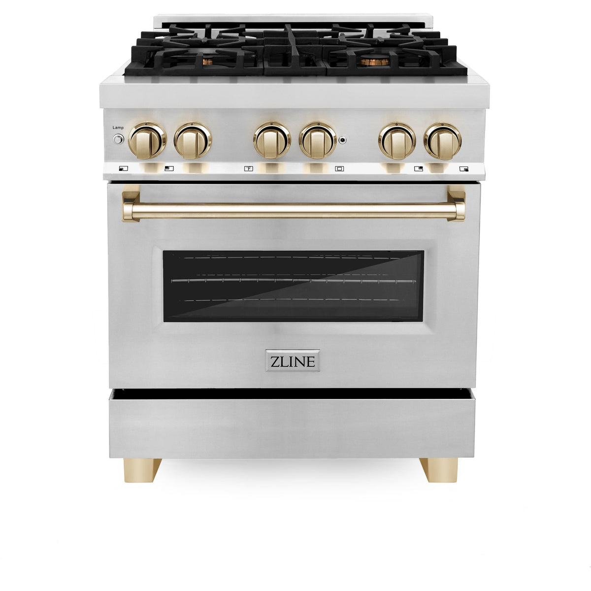 ZLINE - 30 in. Wide 4 Burner Autograph Legacy Dual Fuel Range with Polished Gold Accents (RAZ-30-G) - Stainless Steel/Polished Gold Accents