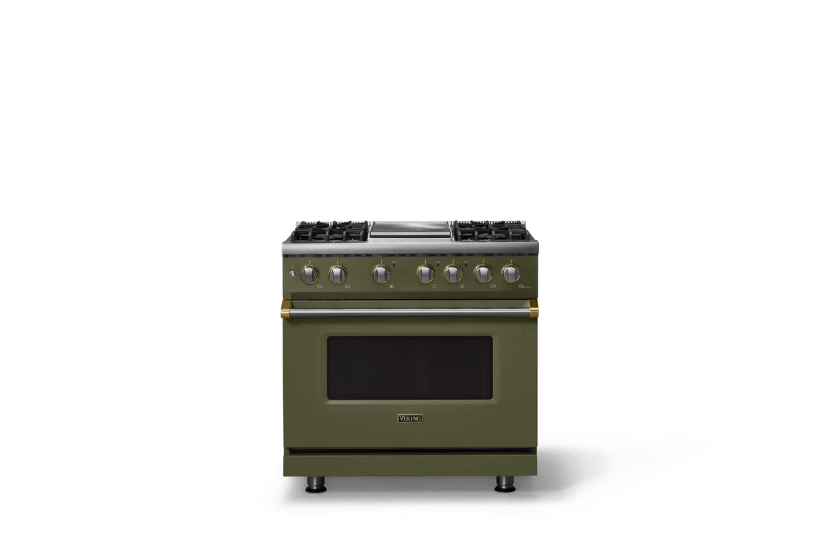Viking - 36"W. Pro5S 5.6 Cu. Ft. Freestanding Self-Clean Sealed 4B LP DF Convection Range/Grdl-Martini/Brushed Brass - Martini