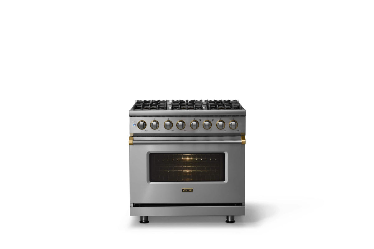 Viking - 36"W. Pro5S 5.6 Cu. Ft. Freestanding Self-Clean Sealed 6B LP Dual Fuel Convection Range-Stainless Steel/Brushed Brass - Stainless Steel