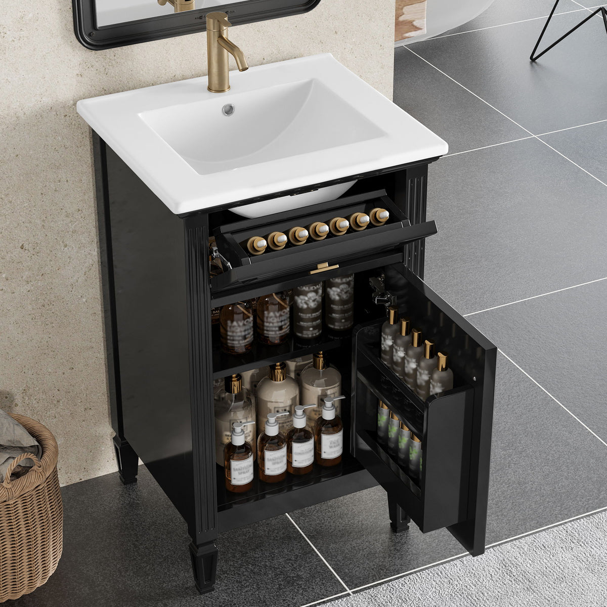 Tocador de baño con lavabo, estante ajustable y cajón abatible