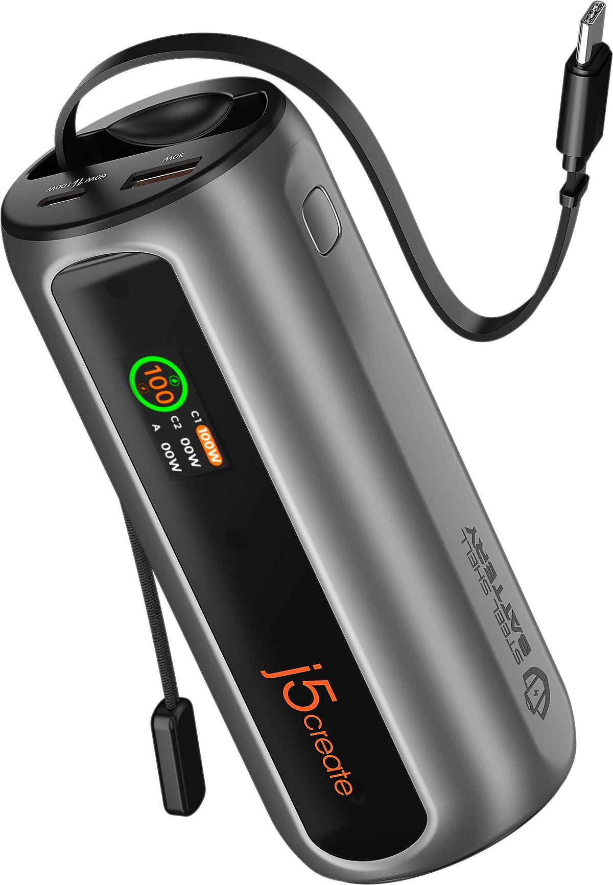 j5create - 10000mAh PD Portable Charger 100W 2-Port Power Bank with Retractable USB-C cable for Most Laptops and Smartphones - Space Gray