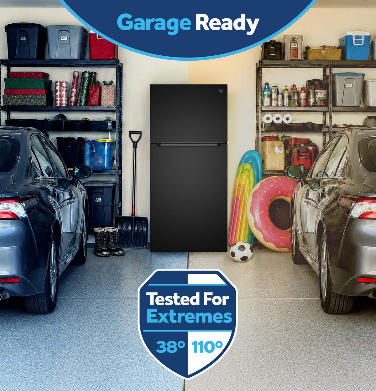 GE - 30 in. Wide 19 Cu. Ft. Freestanding Garage Ready Top Freezer Refrigerator with Bright LED Lighting - Black