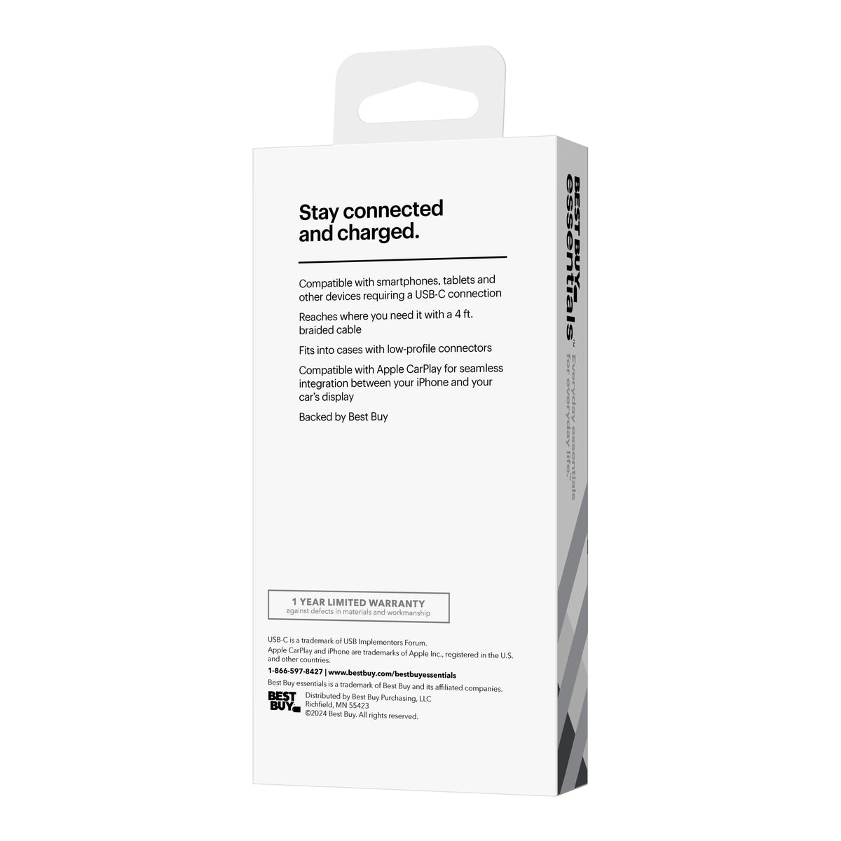 Best Buy essentials™ - 4' USB-C to USB Braided Charge-and-Sync Cable - Black