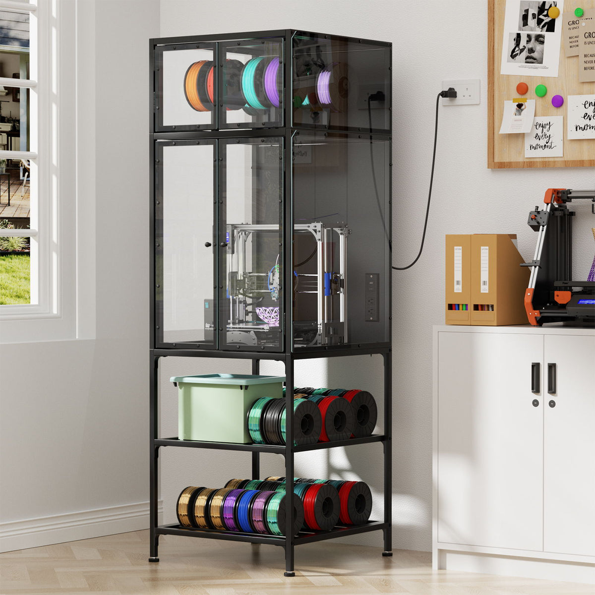 Mueble para impresora 3D con almacenamiento de filamento de doble capa, barra de filamento en T, diseño reductor de ruido y a prueba de polvo - Negro