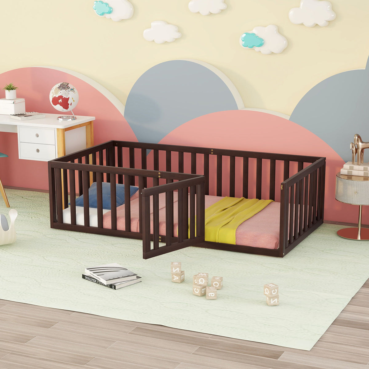 Twin Size Floor Bed Frame With Fence And Door - Walnut