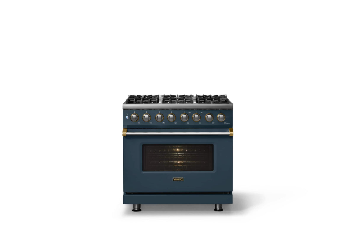 Viking - 36"W 5.6 Cu.Ft. Pro5S Freestanding Sealed 6 Burner Dual Fuel Convection LP Range - Squall w. Brushed Brass Trim - Squall