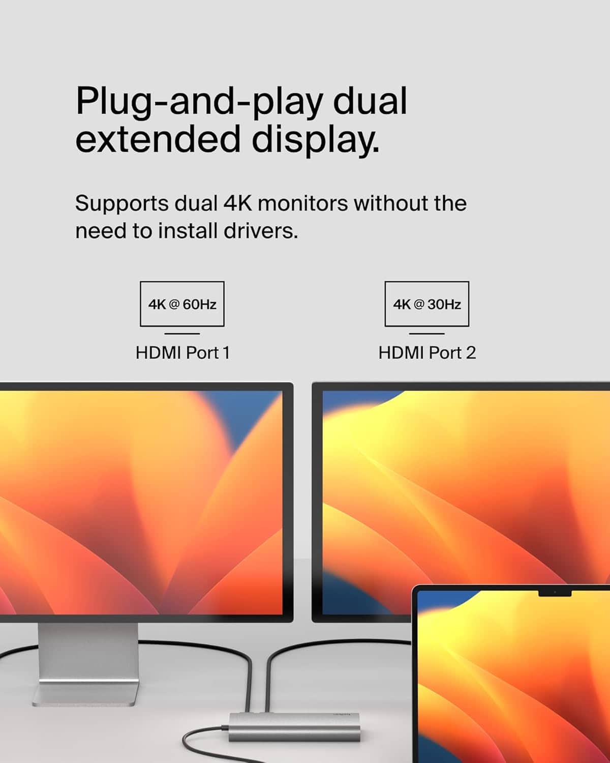 Belkin - Connect Universal USB-C 8-in-1 Dual Display Core Hub Compatible with 100W PD with 10Gbps Transfer Speeds & 1GbE Ethernet - Gray