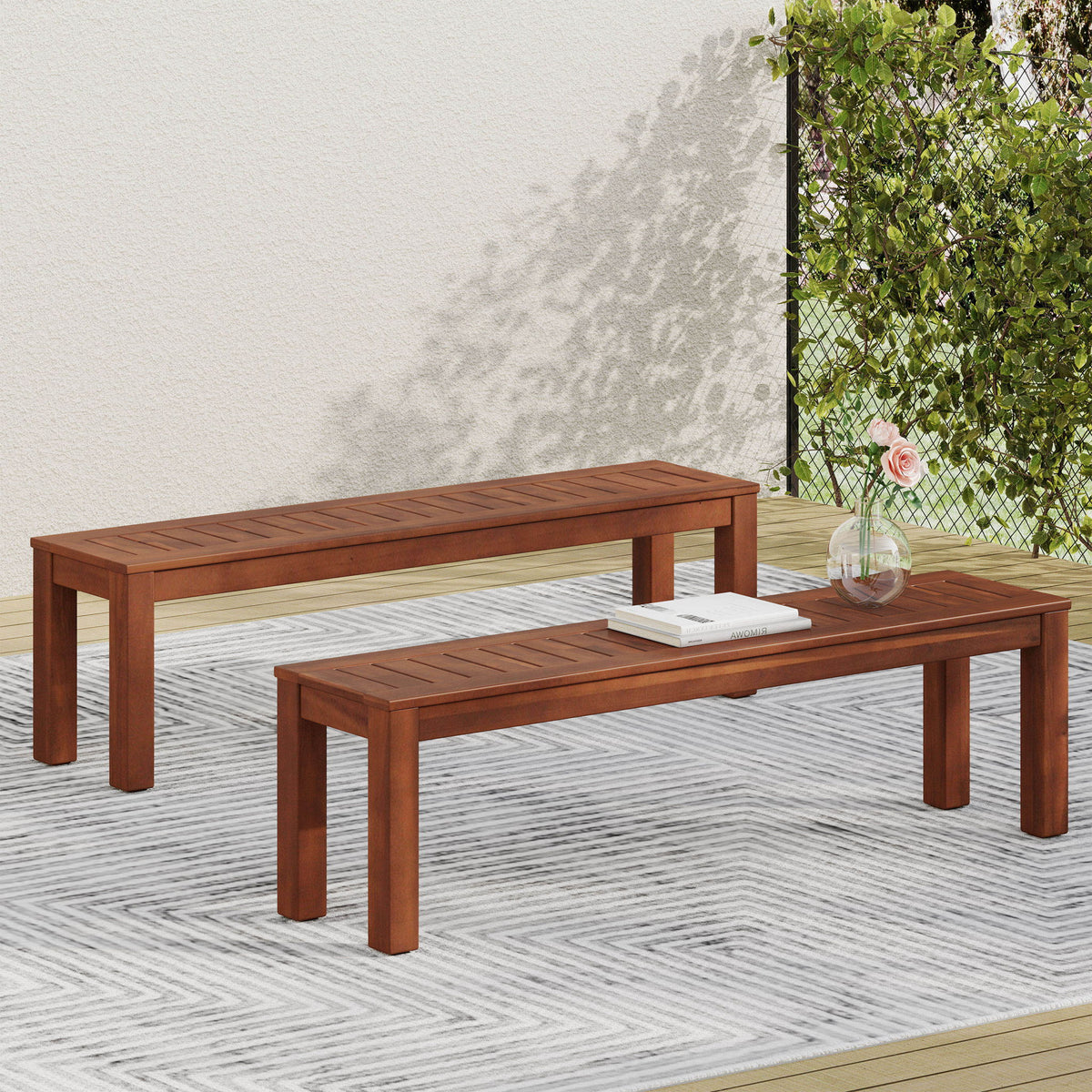 Acacia Wood Outdoor Bench With Beautiful Slat Paneling - Dark Brown