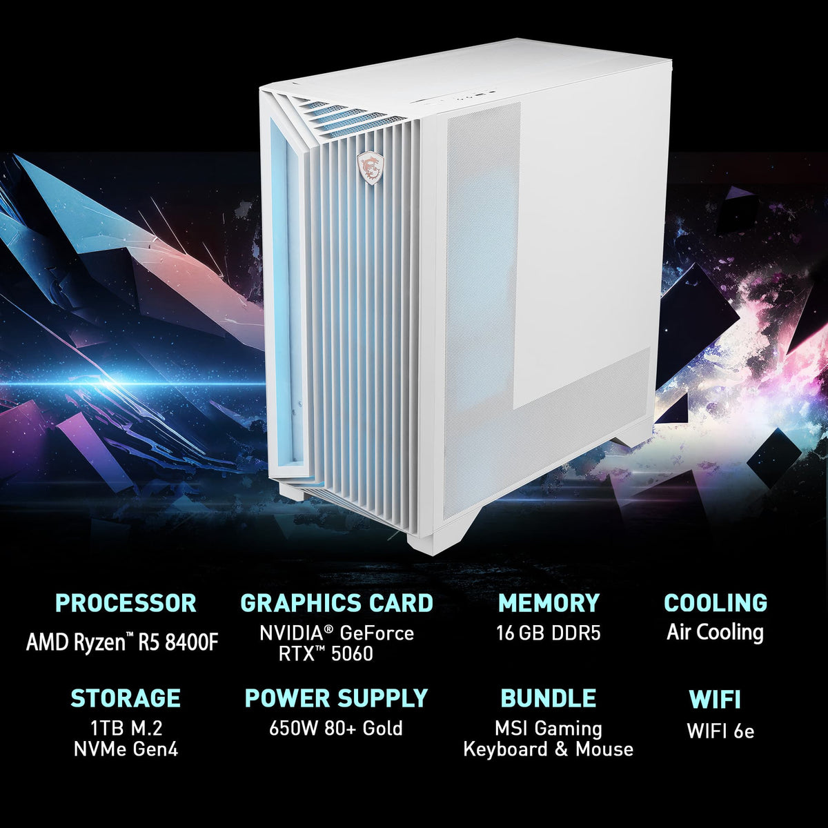 MSI - Aegis Z2 Gaming Desktop - AMD R5-8400F 2024 - 16GB Memory - NVIDIA GeForce RTX 5060 - 1TB SSD Storage - White