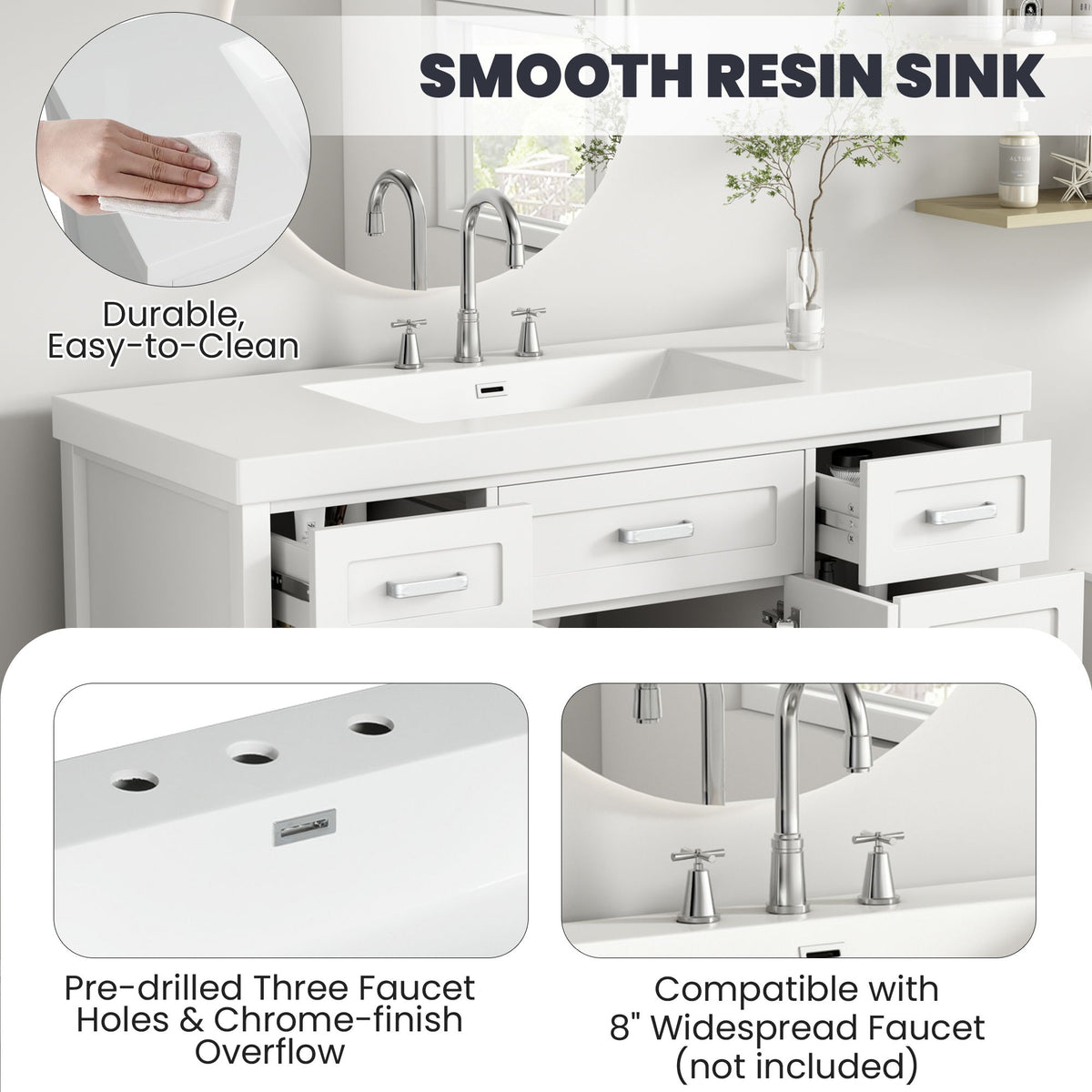 Vanity Top With 3 Faucet Holes, Rectangular Basin For Bathroom - White