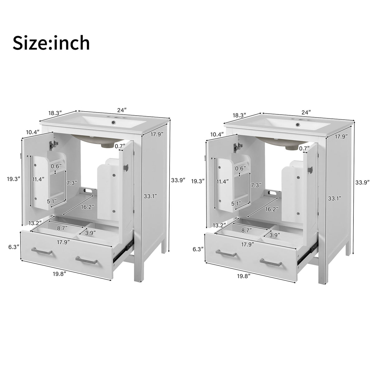 Bathroom Vanity With Integrated Undermount Ceramic Sink, 2 Doors And 1 Drawer, Soft Close Hinges