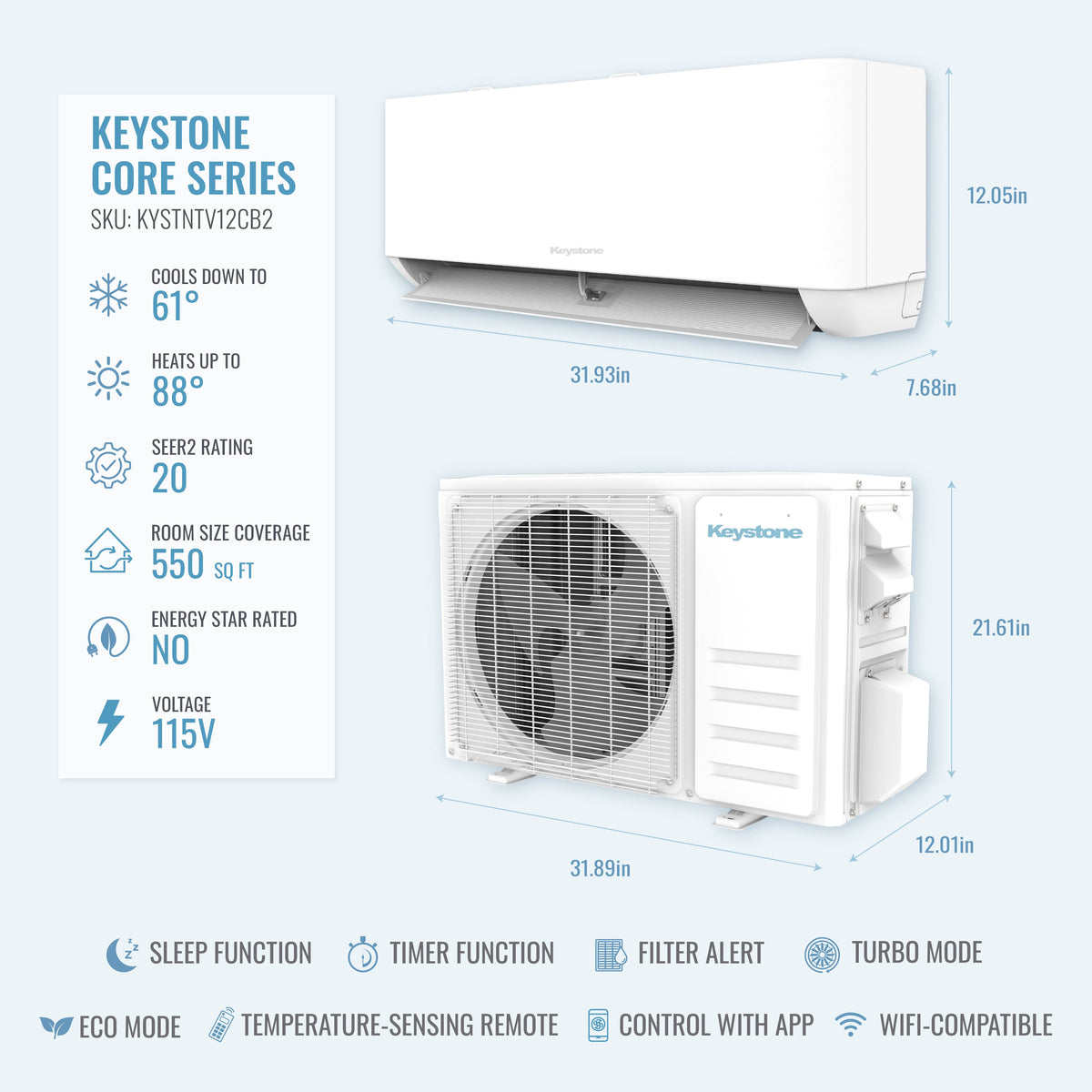 Keystone - Core 230V 550 Sq. Ft. 12,000 BTU Smart Mini Split Air Conditioner 12,000 BTU Heater - White