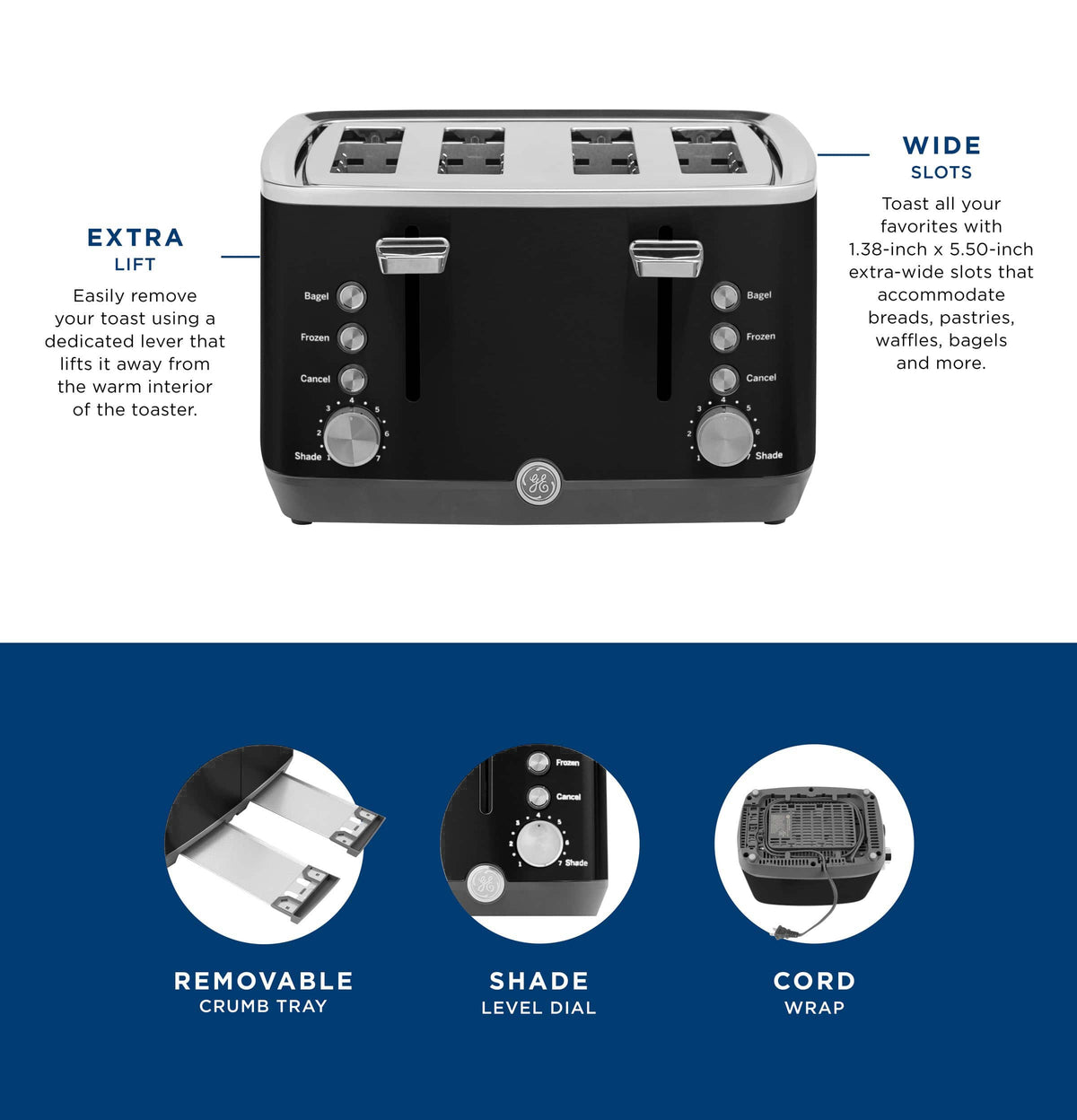 GE - 4-Slice Toaster with 7 Shade Settings and Extra Wide Slots - Onyx Black