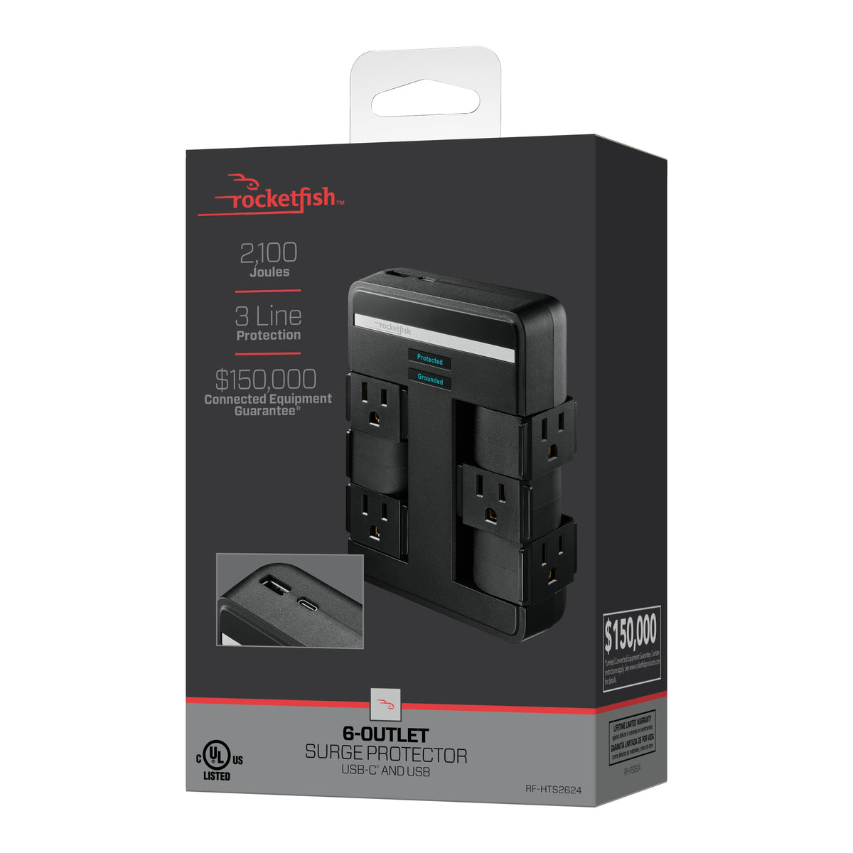 Rocketfish™ - 6-Outlet/1-USB/1-USB-C Swivel Wall Tap 2,100 Joules Surge Protector - Black