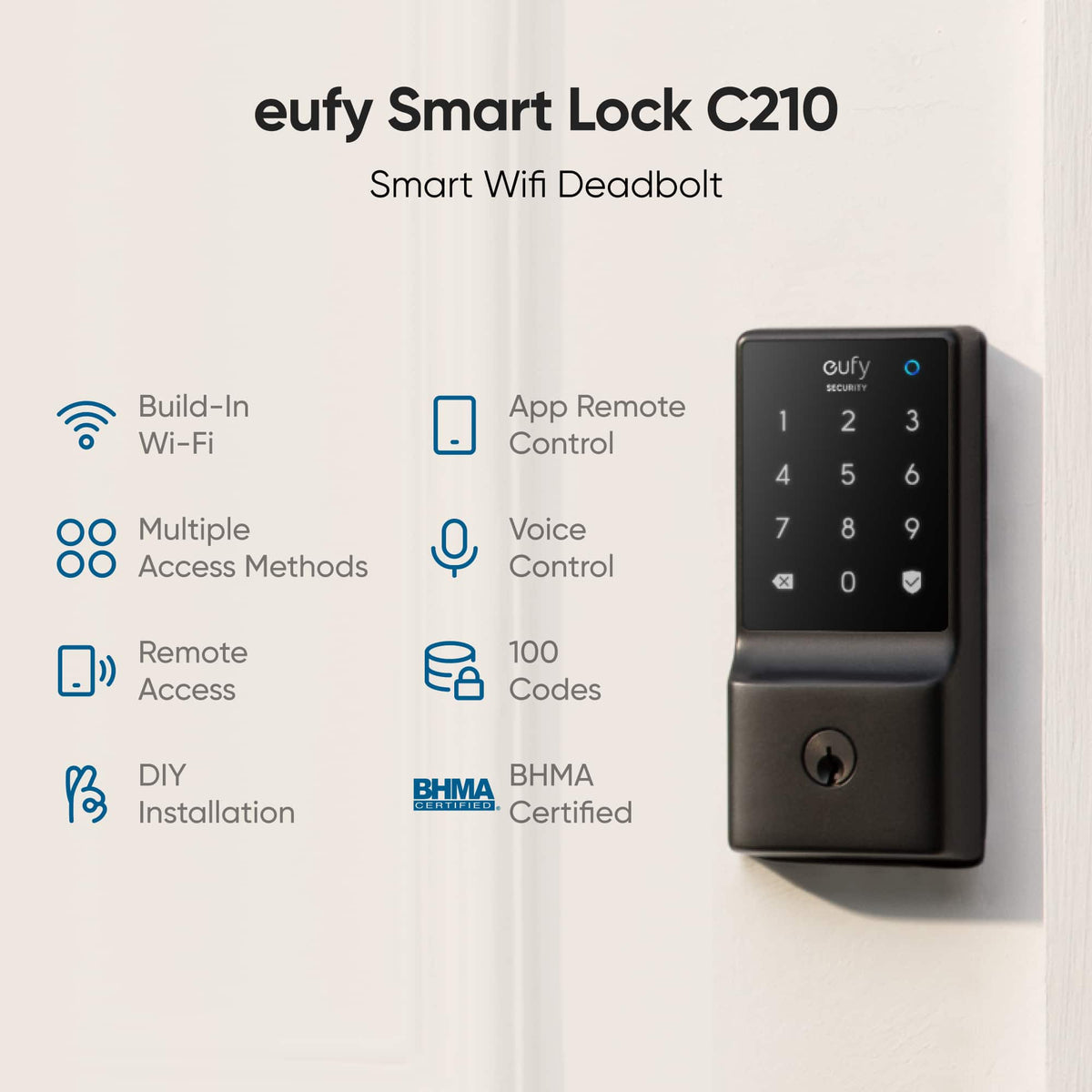 Smart Lock C210 WiFi Replacement Deadbolt Unlock with eufy App, Keypad, Smart Devices - Black