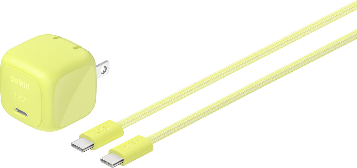 Belkin - BoostCharge USB-C Wall Charger 30W PD 3.1 Power Delivery Foldable Prongs with braided PCR C-C Cable for MacBook NEO - Citrus