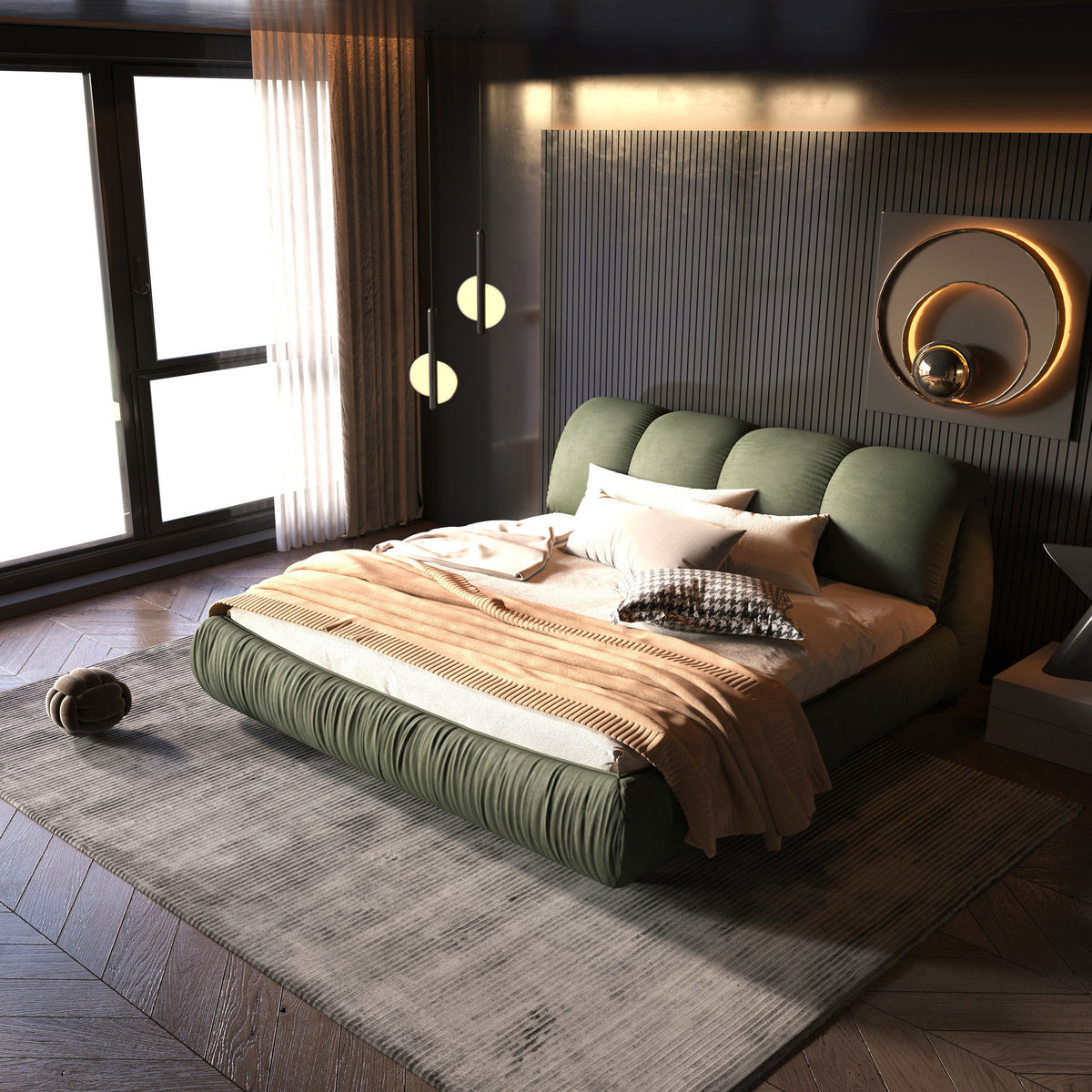 Luxury Upholstered Platform Bed With Oversized Padded Backrest And Solid Wood Frame
