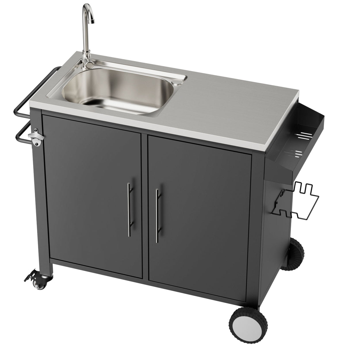 Mesa para parrilla de exterior con fregadero, carro para parrilla con fregadero y armario con ruedas - Negro / Plata