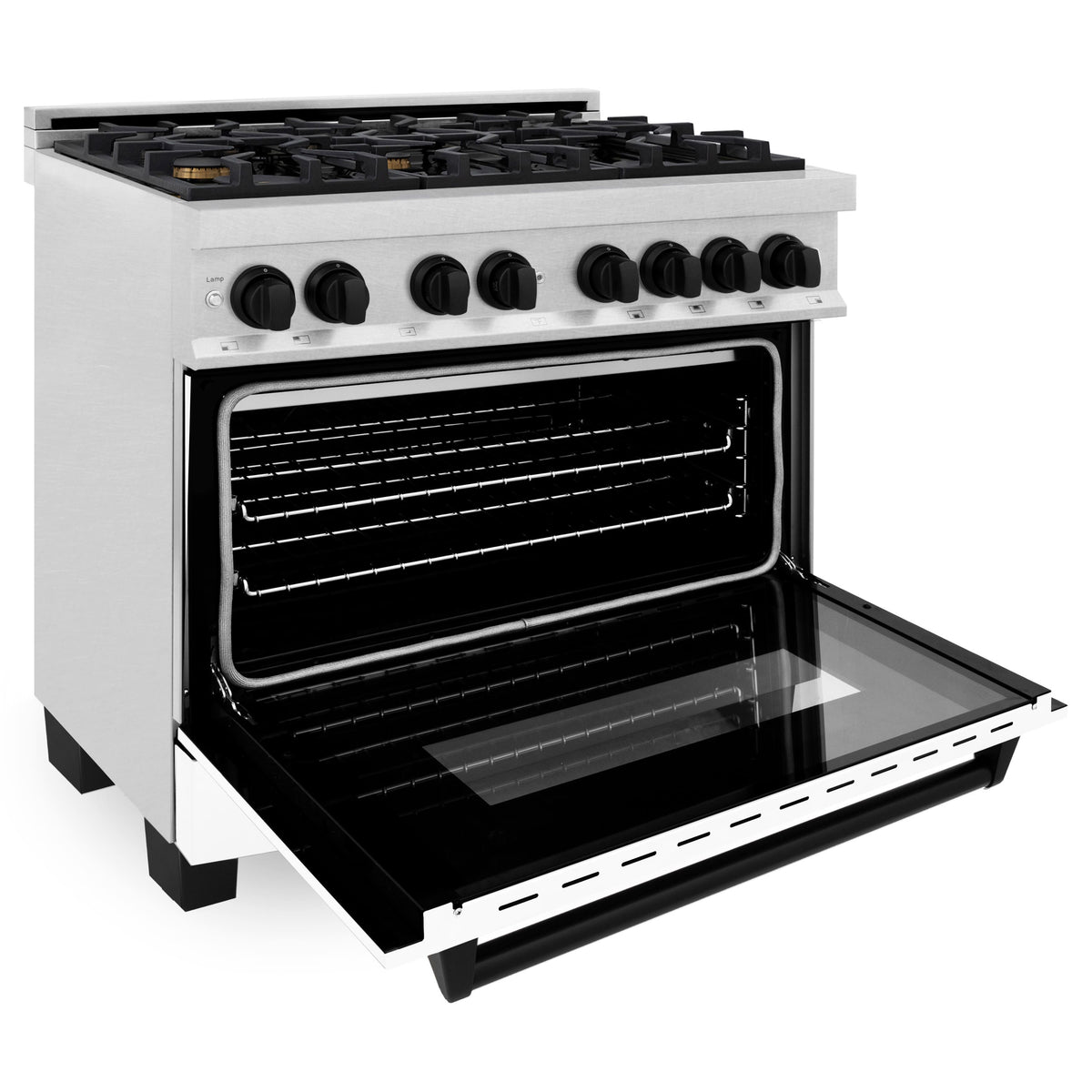 ZLINE - 36 in. Wide 6 Burner Autograph Legacy Dual Fuel Range in Satin Steel w/ White & Black Accents (RASZ-WM-36-MB) - Stainless Steel
