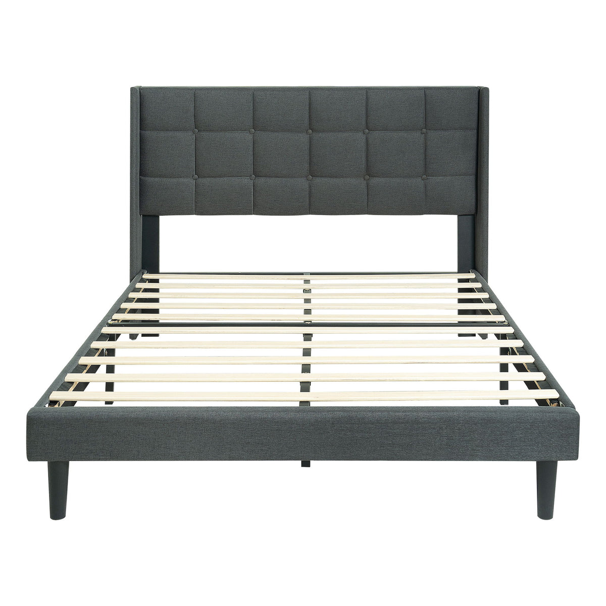 Base de cama tapizada Queen con cabecero de tela de lino con botones capitoné - Gris Oscuro