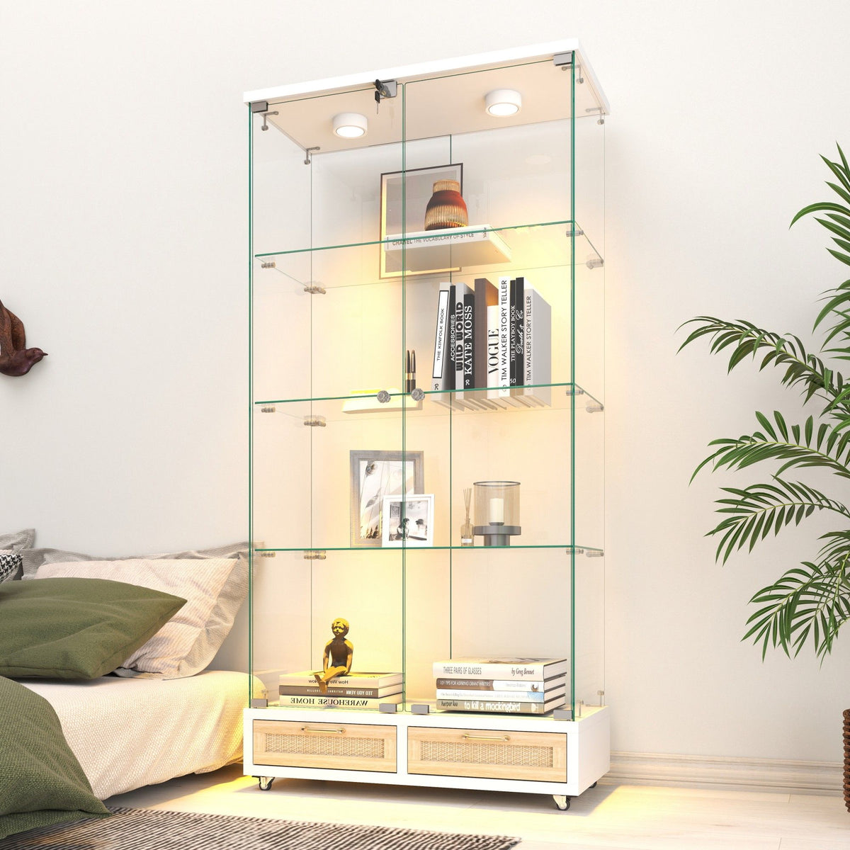 Glass Display Cabinet With LED Lights, Tempered Glass Doors, Large Drawers, 2 Door Storage Case With 4 Shelves - Natural / White