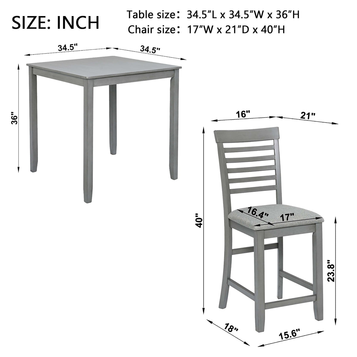 Juego de comedor de 5 piezas, juego de mesa de comedor de madera cuadrada para 4 personas, juego de mesa de cocina de altura de mostrador con mesa cuadrada y 4 sillas tapizadas - Gris