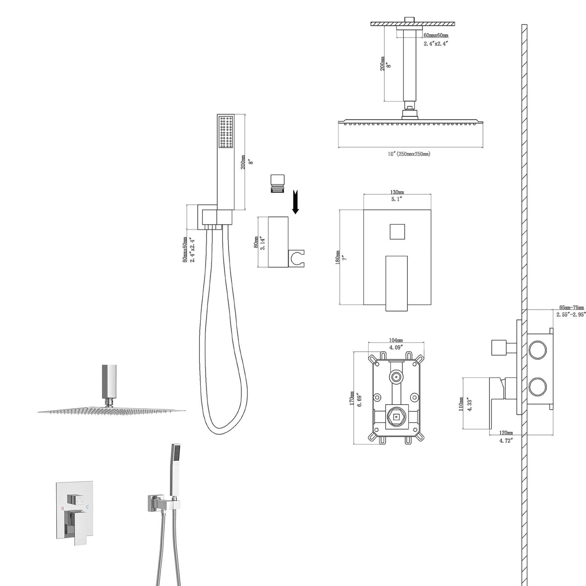 Dual Shower Head System With Ceiling Mount And Rough In Valve