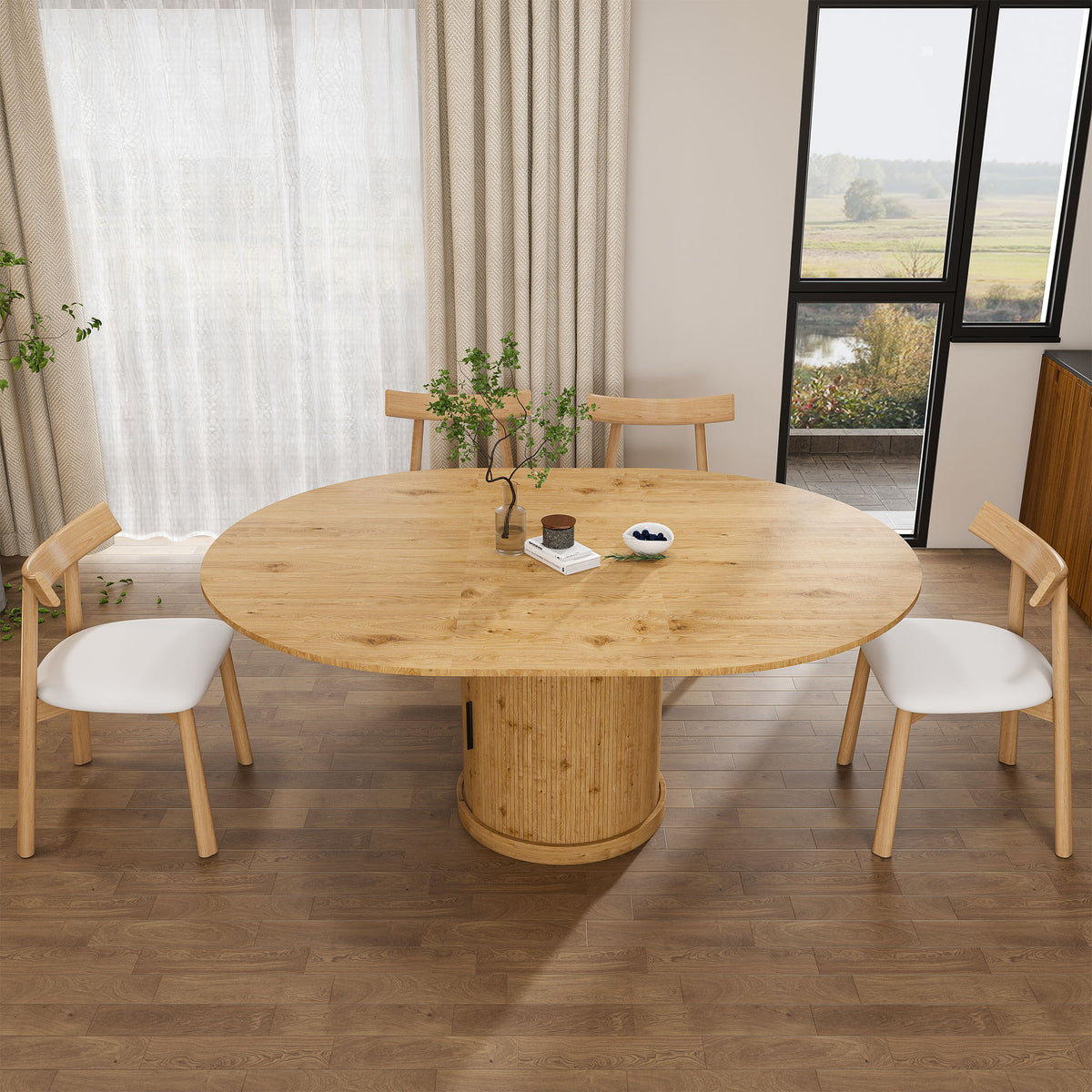 Juego de comedor con mesa ovalada extensible, 4 sillas con cojines y almacenamiento de 2 niveles - Roble