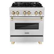 30 in. Wide 4 Burner ZLINE Autograph Legacy Dual Fuel Range in Satin Steel & Gold Accents (RASZ-SN-30-G) - Stainless Steel