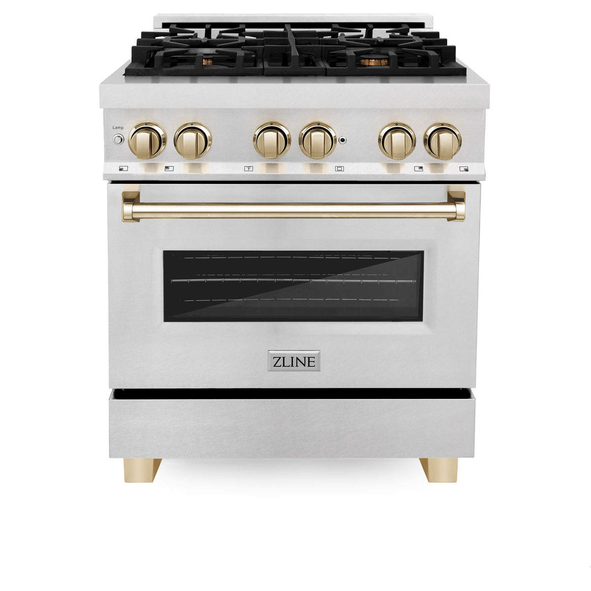 30 in. Wide 4 Burner ZLINE Autograph Legacy Dual Fuel Range in Satin Steel & Gold Accents (RASZ-SN-30-G) - Stainless Steel