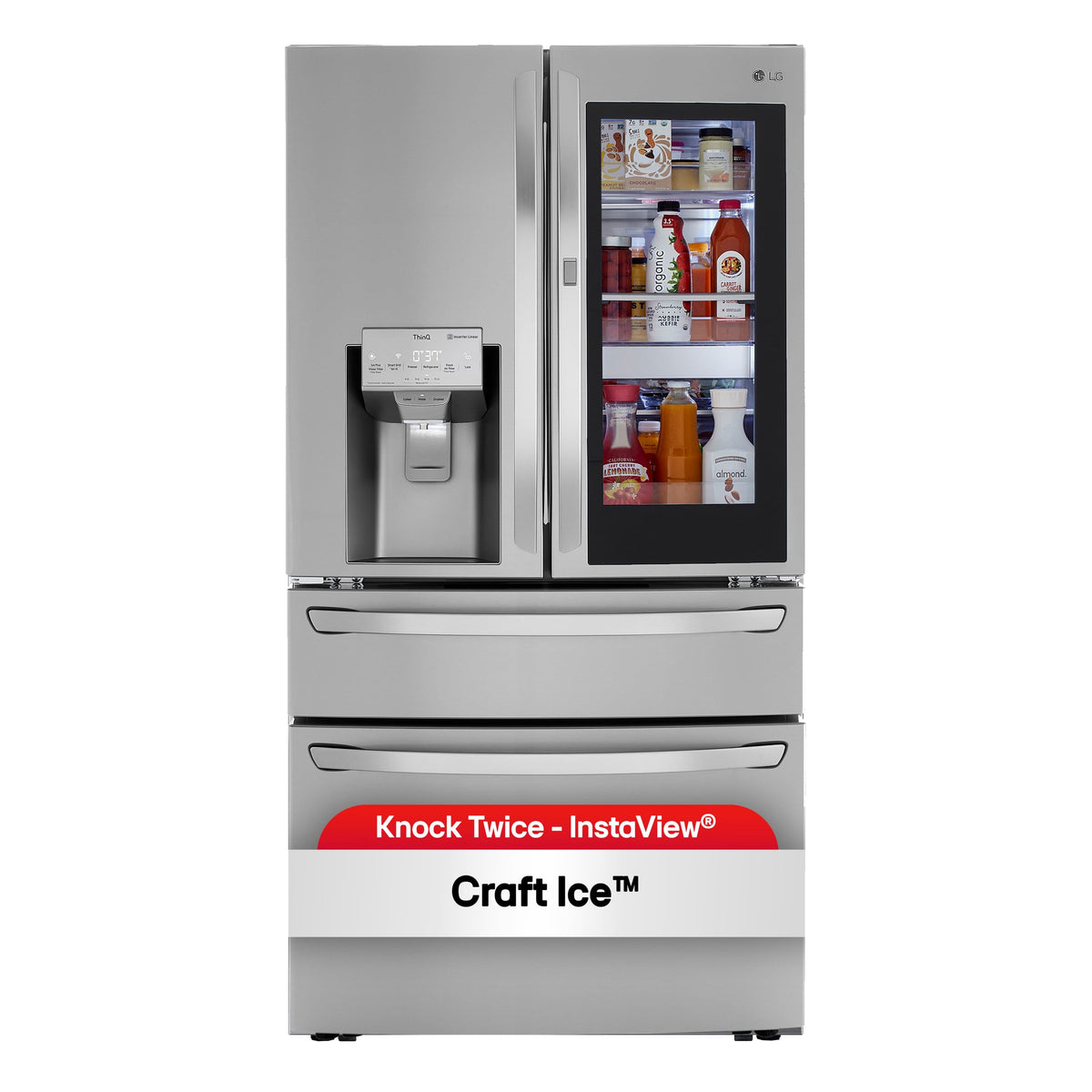 LG - 36-in Wide 22.5 Cu. Ft. 4-Door French Door-in-Door Counter-Depth Smart Refrigerator with Craft Ice - Stainless Steel