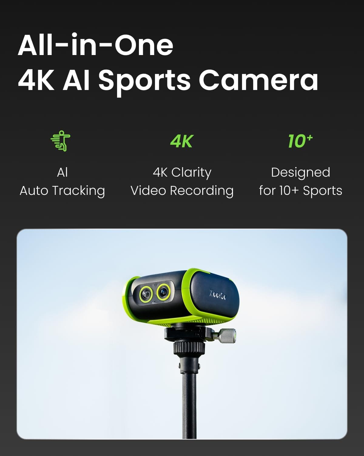 XbotGo - Falcon AI Sports Camera, 4K Auto-Tracking Action Cam for Team Sports, Dual Lens with Live Streaming, No Subscription - Edge Green