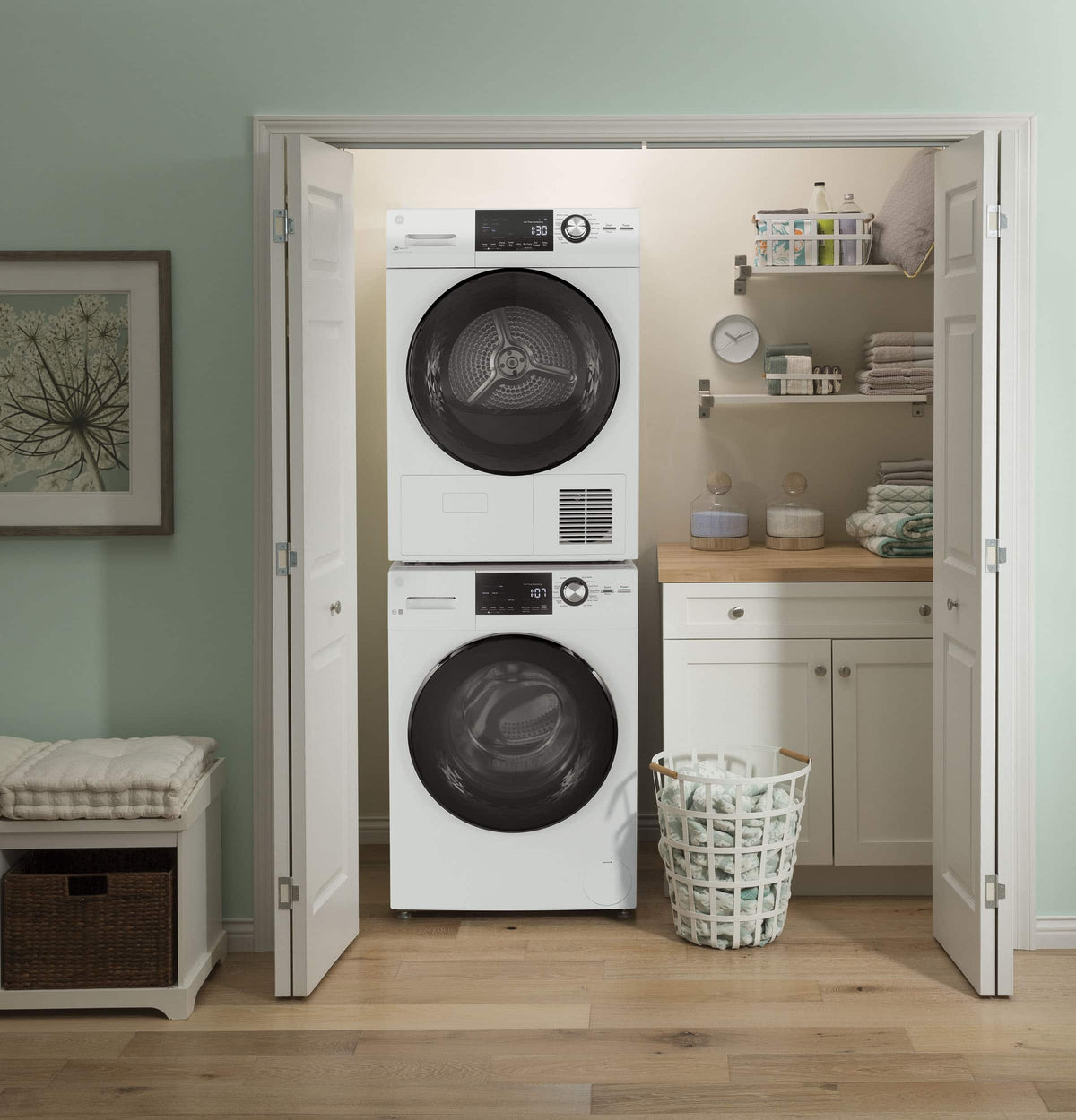 GE - 2.4 Cu. Ft. High Efficiency Stackable Front Load Washer with Steam and Sanitize - White