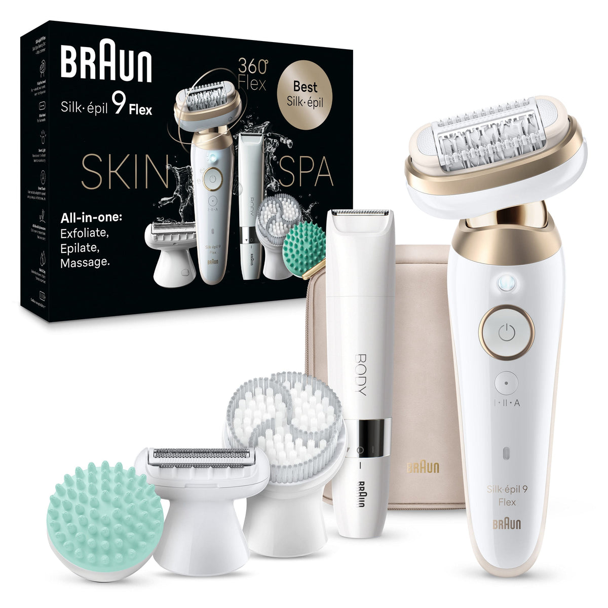 Braun - Silk-épil 9 Flex-Pivoting SkinSpa Epilator, Wet/Dry, Shaver Head, Massage Pad, Exfoliation Brush and BodyTrimmer - White/Tinted Gold