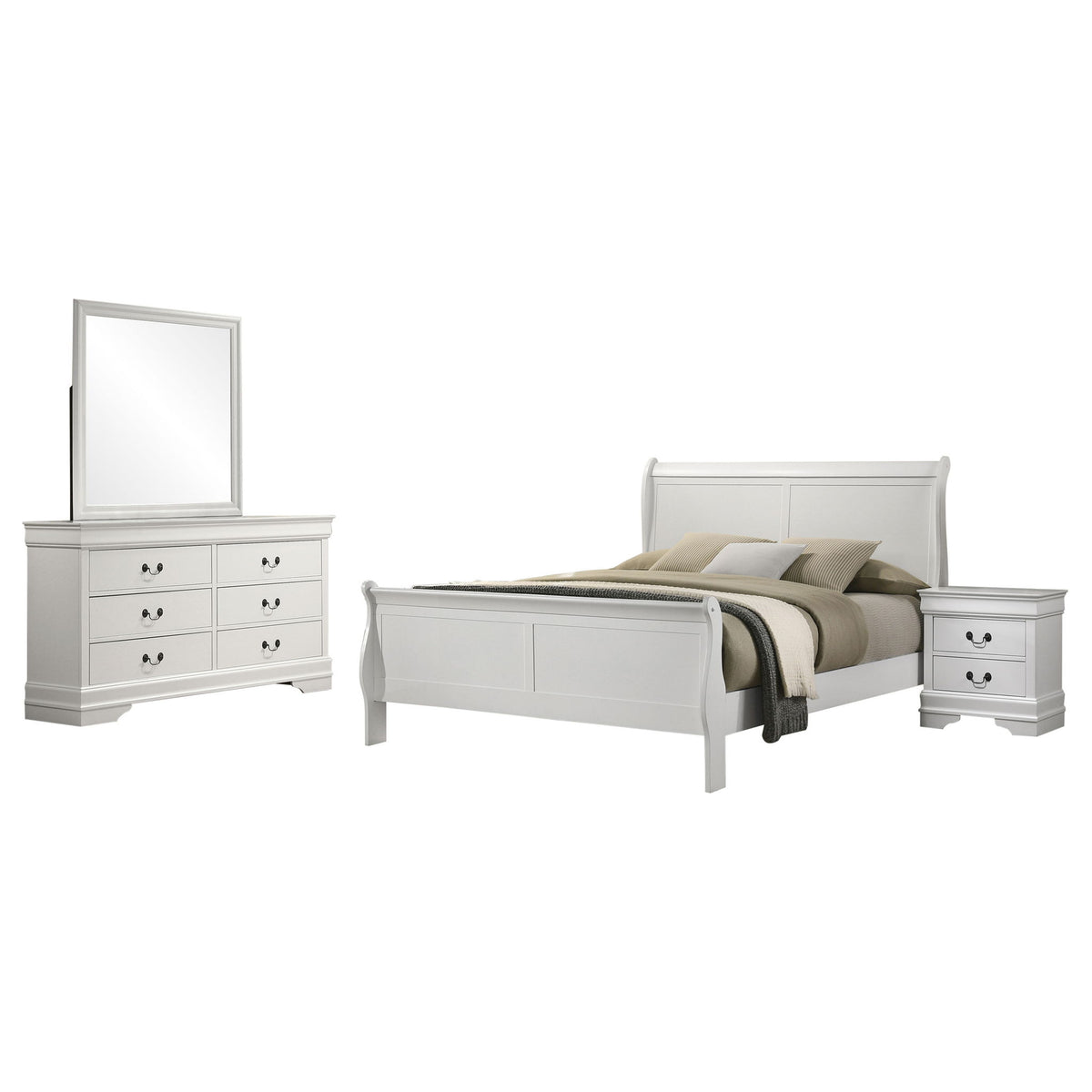 Mckee - Juego de dormitorio de 4 piezas tamaño Queen, incluye cama, mesita de noche, cómoda y espejo - Blanco