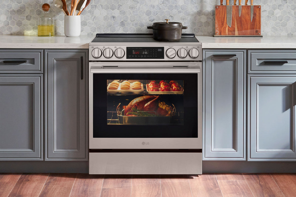 LG - 30-in Wide 6.3 Cu. Ft. Slide-In Electric True Convection Range with 5 Elements, InstaView and 2 UltraHeat Elements - Stainless Steel