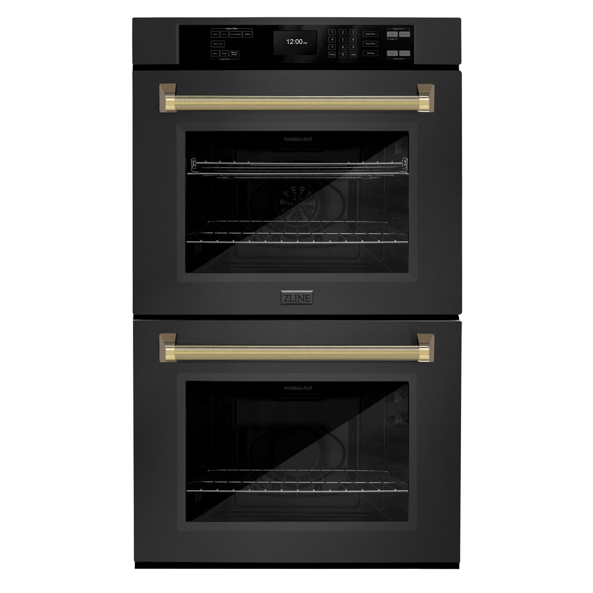 ZLINE - Autograph 30 in. True Convection Double Wall Oven in Black Steel with Gold Helix Handles (WADBZ-30-KG) - Black Stainless Steel