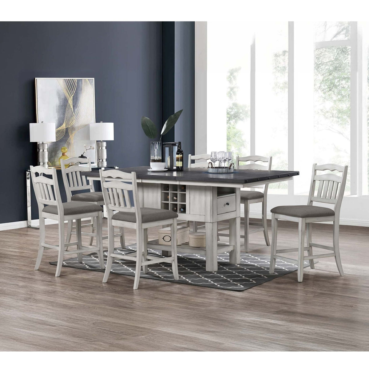 Juego de comedor de 7 piezas a altura de mostrador con base de almacenamiento y sillas con respaldo de escalera - Blanco antiguo / Gris