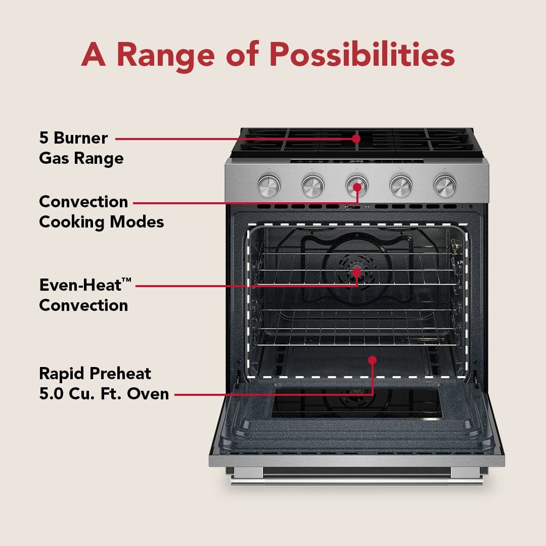 KitchenAid - 30 in. Wide 5 burners 5.0 cu. ft. Slide-in Gas Range with Convection Cooking Modes - Stainless Steel