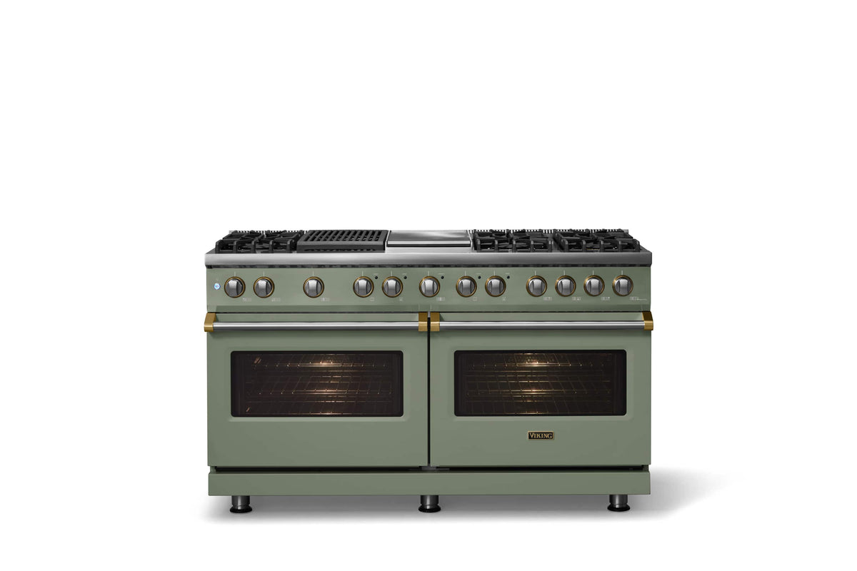 Viking - 60"W. 8 Burner Pro 5 Series 9.4 Cu. Ft. Freestanding Sealed LP Dual Fuel ConvectionRange with Brushed Brass Trim - Eucalyptus