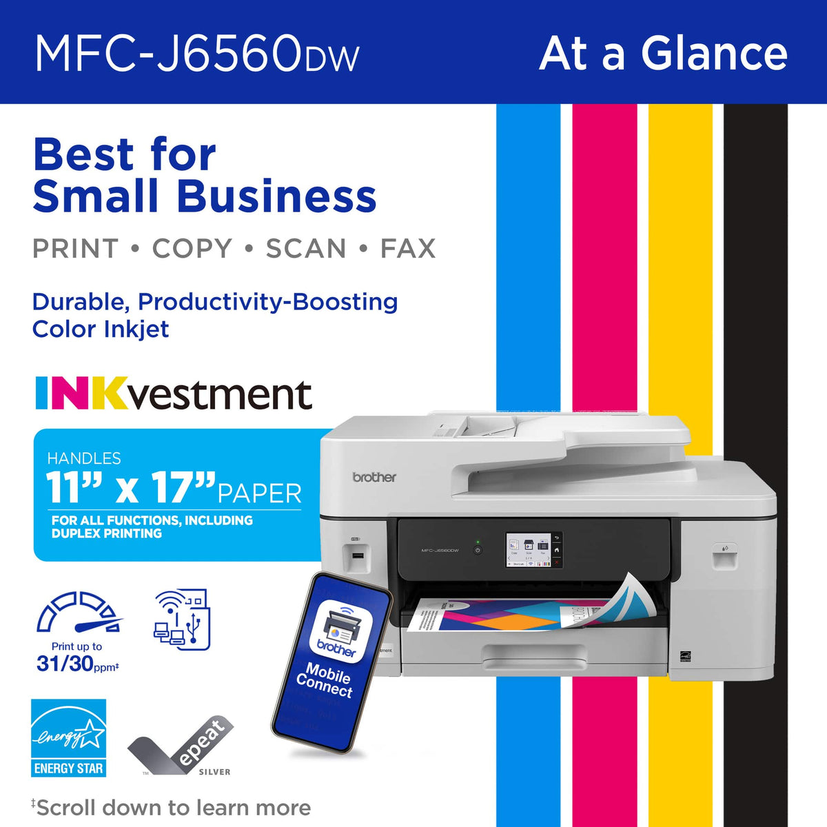 Brother - INKvestment 6560 Wireless Color All-in-One Inkjet Printer with 11”x17” capabilities (MFCJ6560DW) - Gray