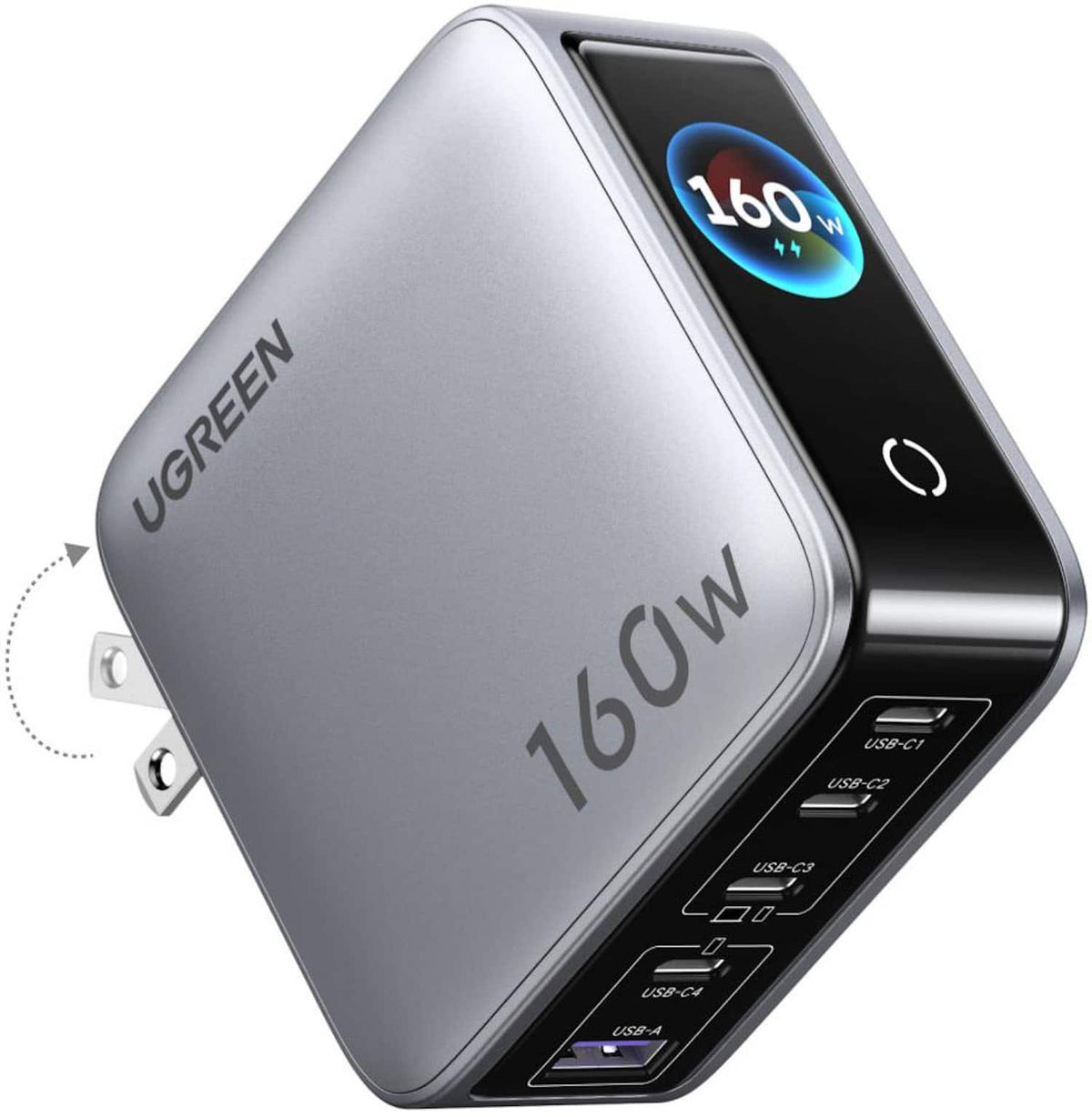 UGREEN - Nexode Pro 160W 5-Port USB-C Charger Block with Smart Display, Fast GaN Charger for MacBook Pro, Laptops, iPhone Series - Starlight Grey