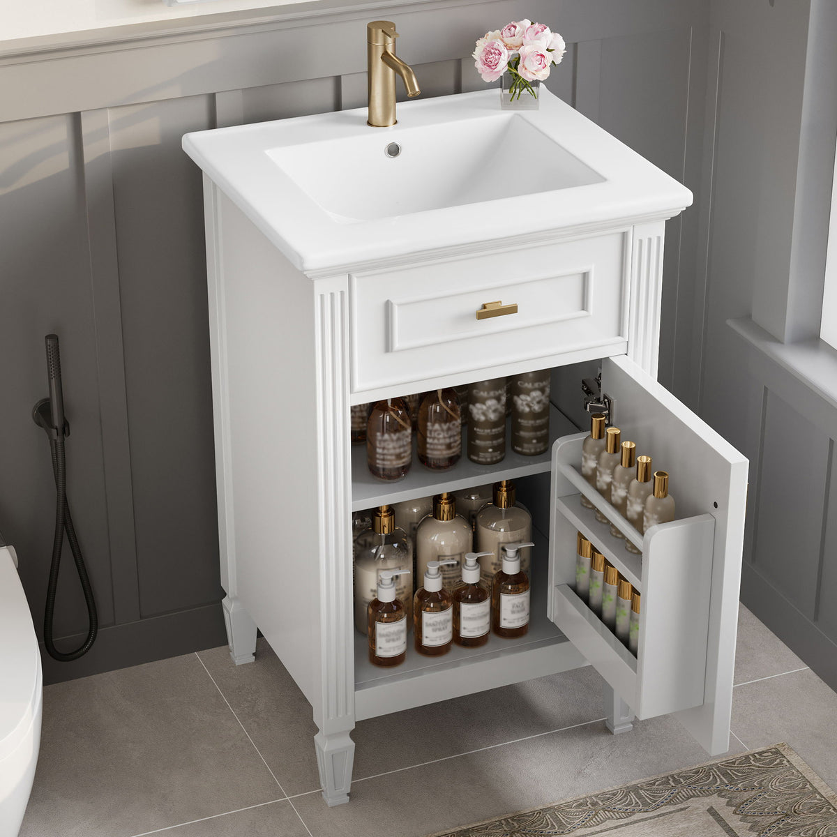 Tocador de baño con lavabo, estante ajustable y cajón abatible